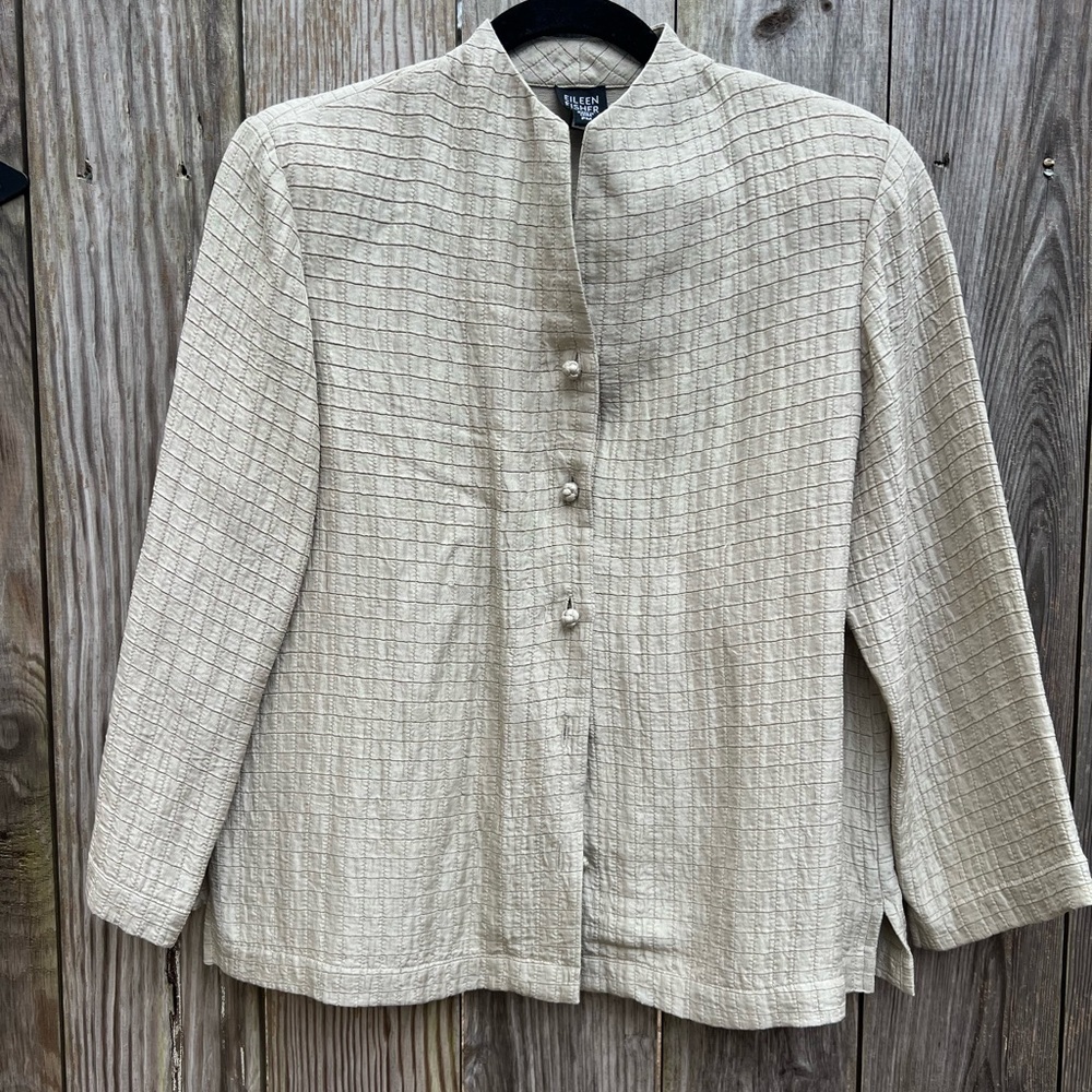 EILEEN FISHER Quilted Button Down Blouse Jacket Cream Silk Linen Women’s Med Pet